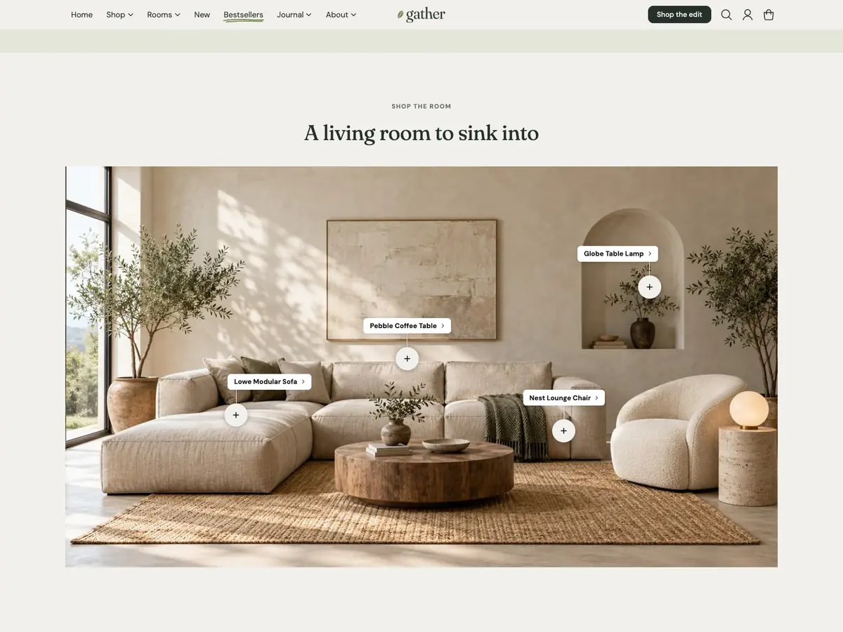Living room photo with product hotspots on the sofa, table, chair and lamp