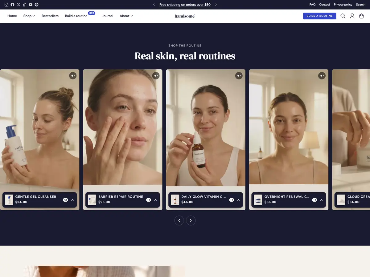 Row of vertical skincare videos, each with its products pinned underneath
