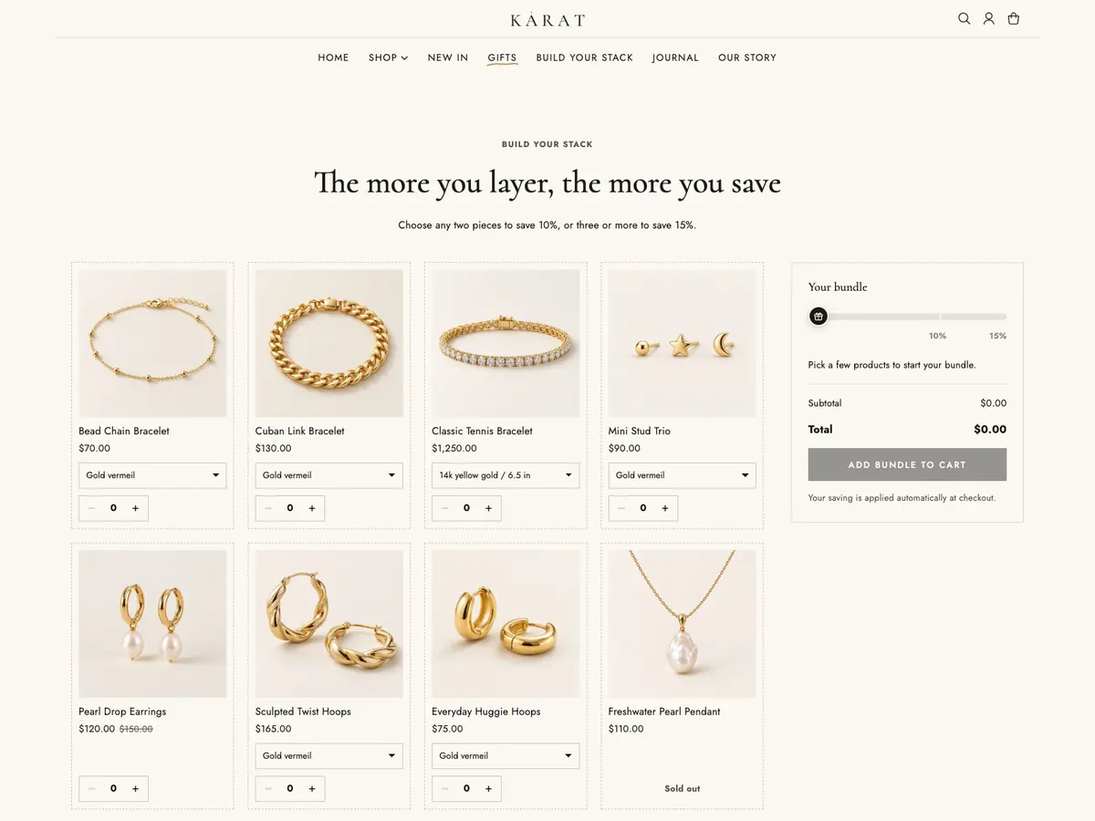 Bundle builder with jewellery pieces and a bundle summary with tiered savings