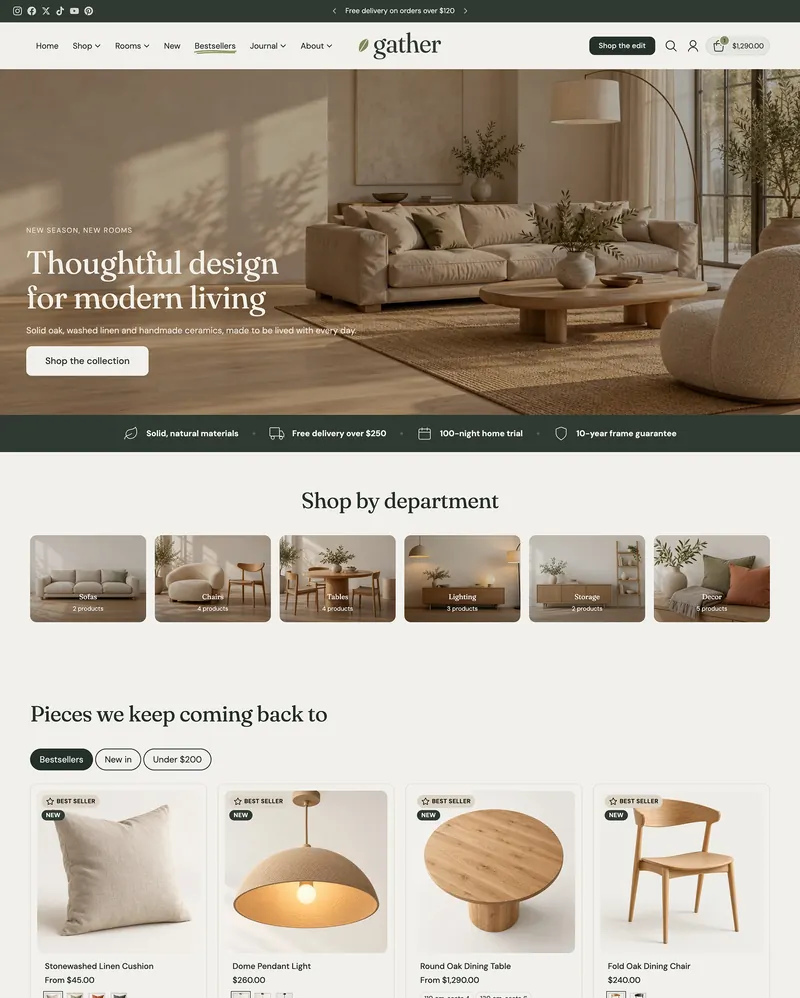 Gather home page on desktop: sunlit living room hero, trust badges and shop-by-department tiles