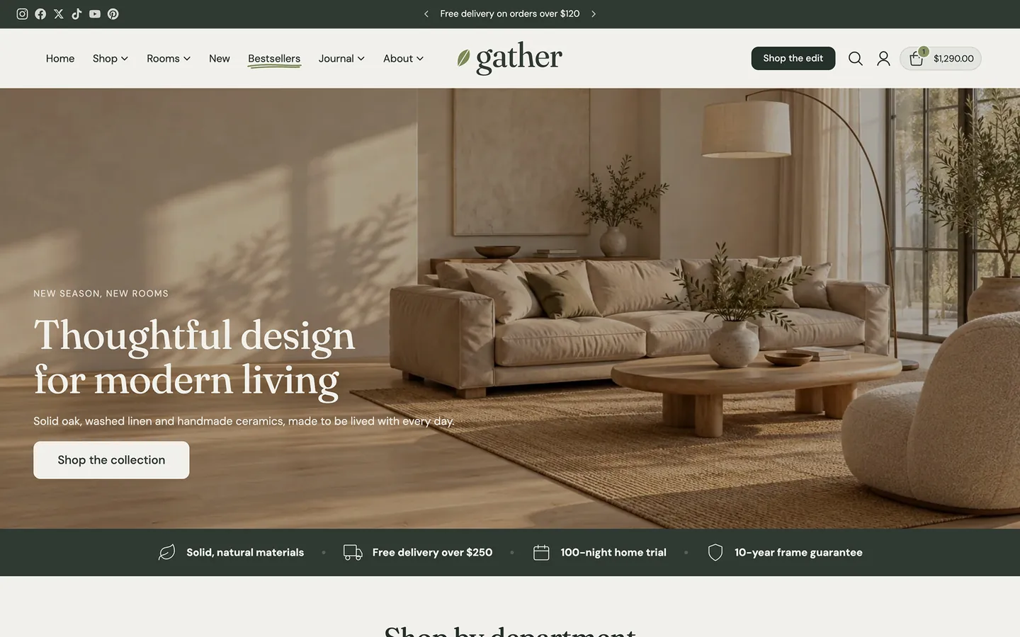 Gather preset home page: sunlit living room with a linen sofa and oak coffee table