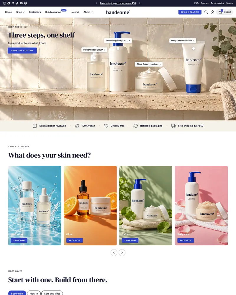 Handsome home page on desktop: skincare products on a stone shelf with hotspots, trust badges and shop-by-concern collections