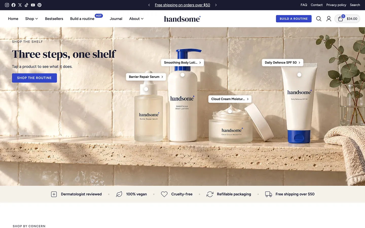 Handsome preset home page: skincare products on a stone shelf with product hotspots