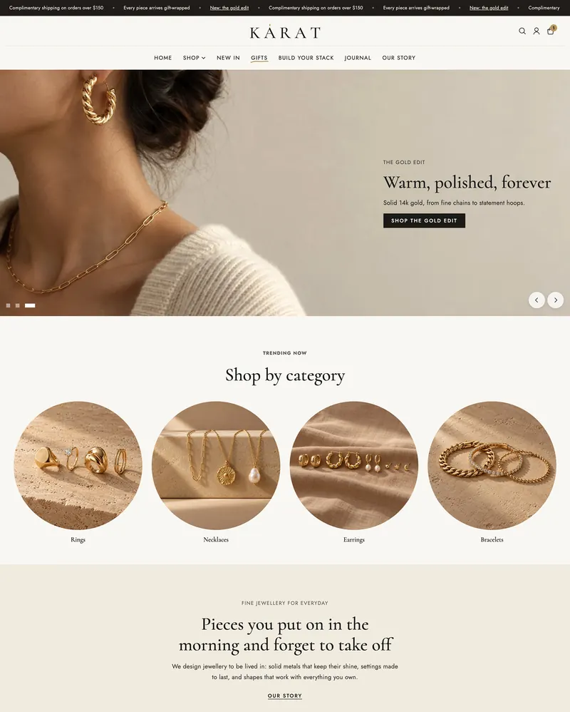 Karat home page on desktop: model wearing gold hoops and a chain, then jewellery categories