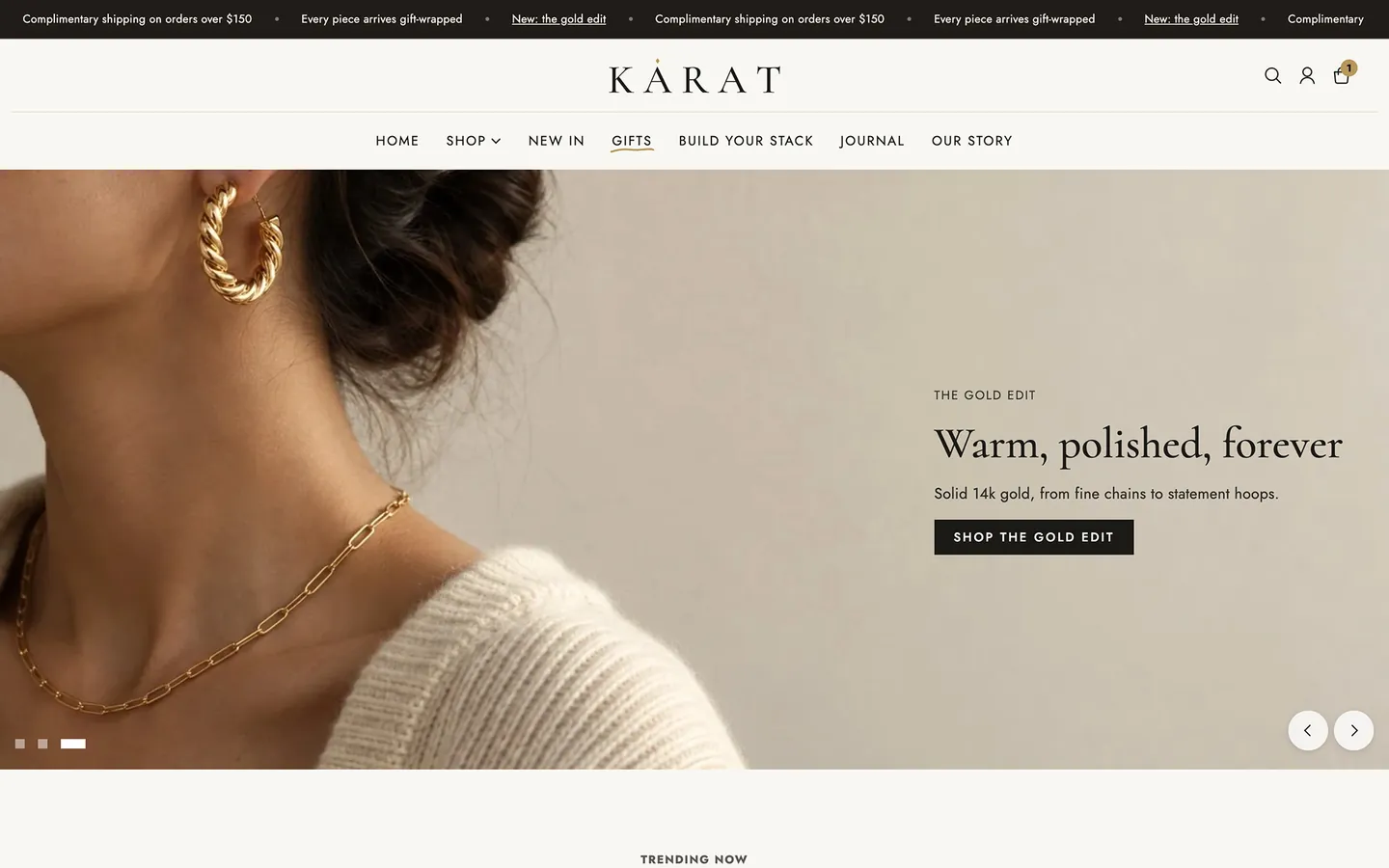 Karat preset home page: model wearing gold hoops and a chain, with the gold edit heading
