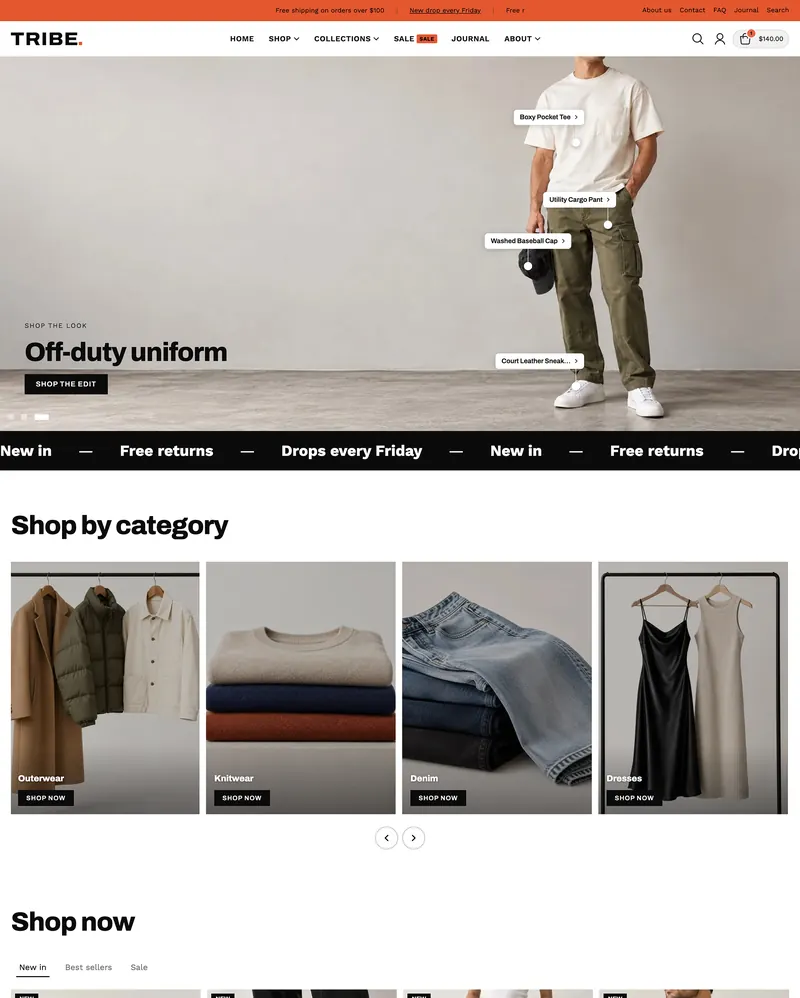 Tribe home page on desktop: shop-the-look hero with outfit hotspots, then clothing categories