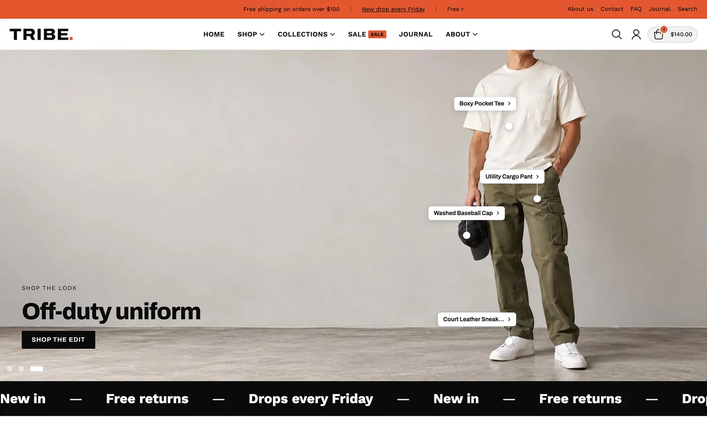 Tribe preset home page: shop-the-look hero with hotspots on a model's outfit