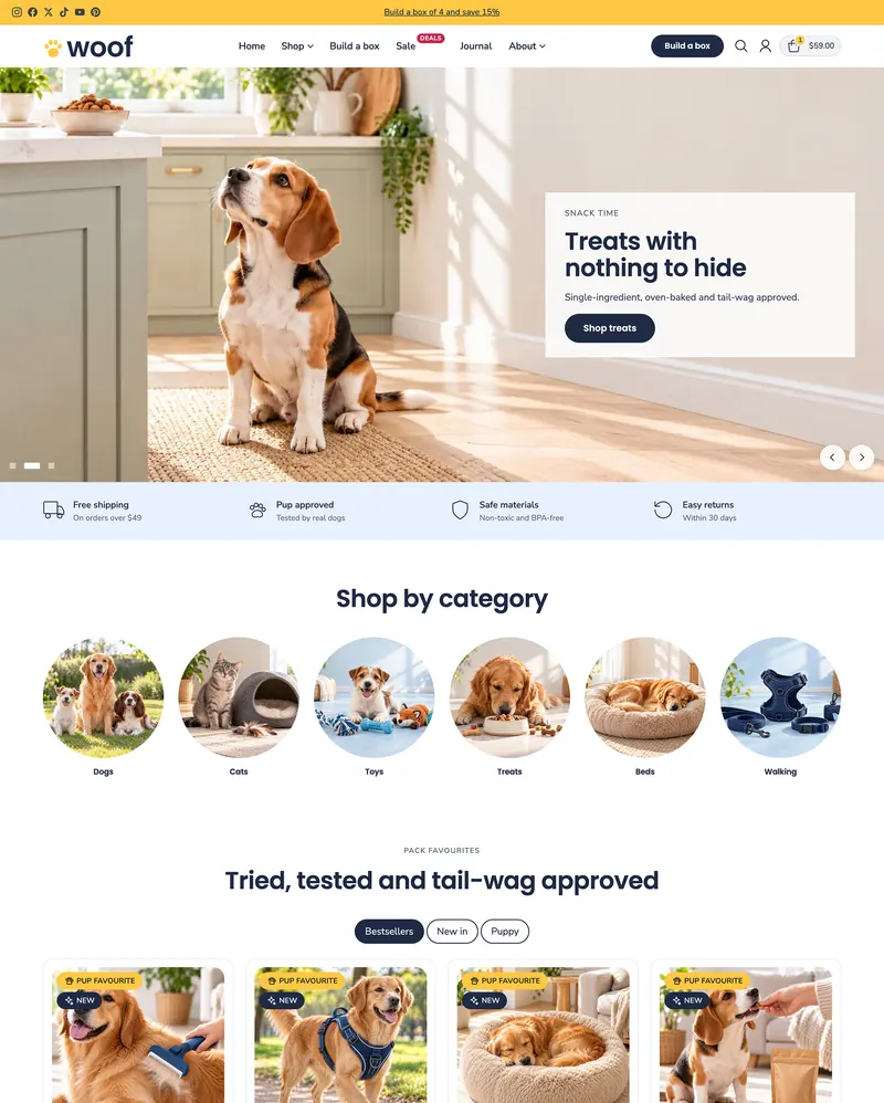 Woof home page on desktop: beagle in a sunny kitchen beside a treats banner, then pet categories