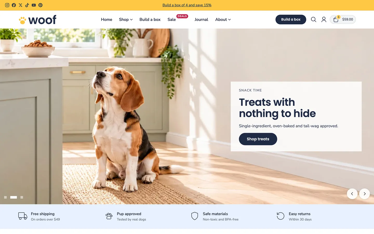 Woof preset home page: beagle in a kitchen beside a treats banner